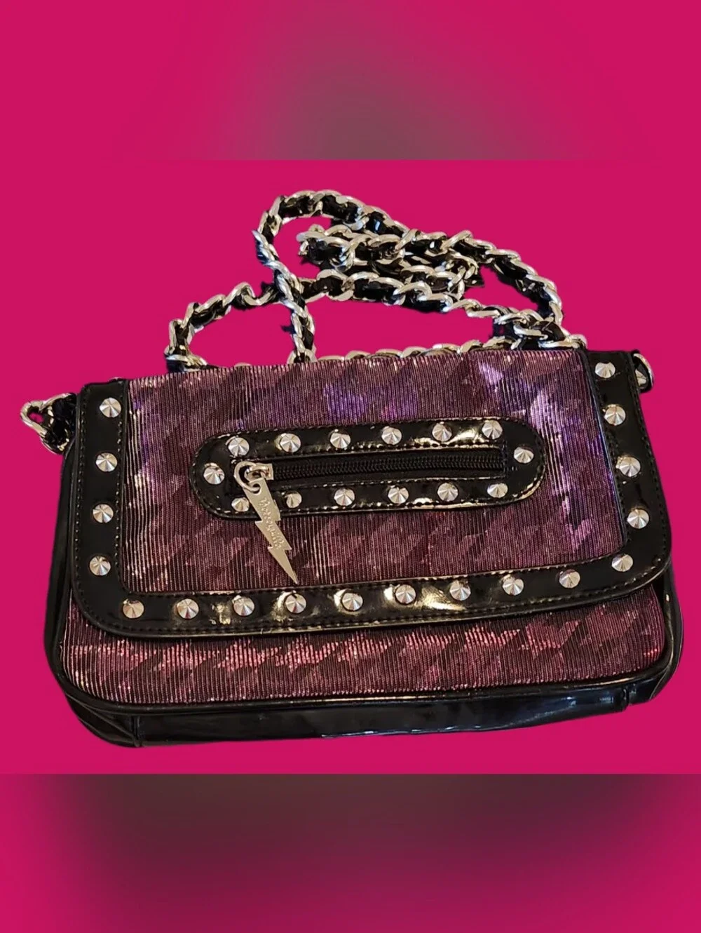 Y2K Betseyville Crossbody Chain Purse Metal Studs Rocker Purple Pink Shimmer